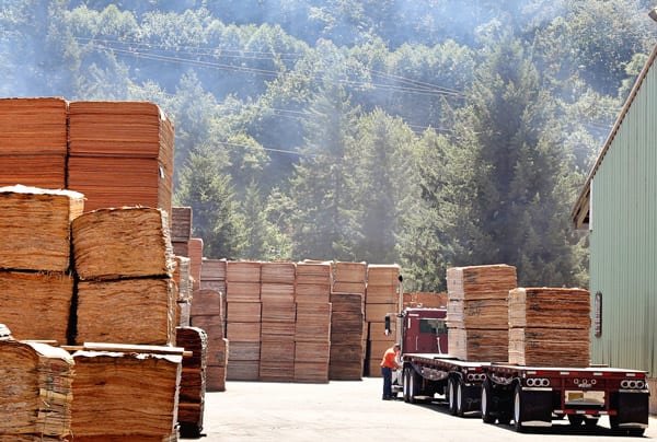 Wood product being loaded on trucks at Freres Lumber