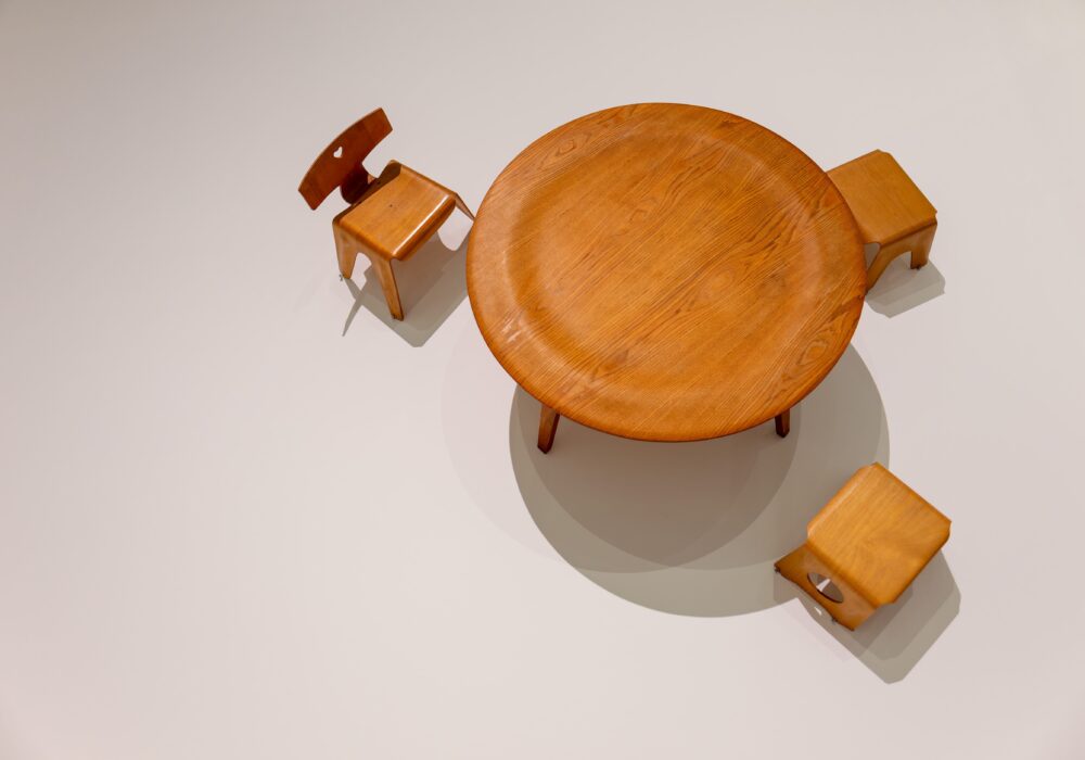 Moulded plywood chair, stools, and table